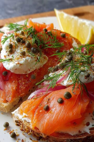 Two slices of toast topped with cream cheese, Smoked Salmon Breakfast, capers, red onions, fresh dill, and lemon wedge on a white plate.