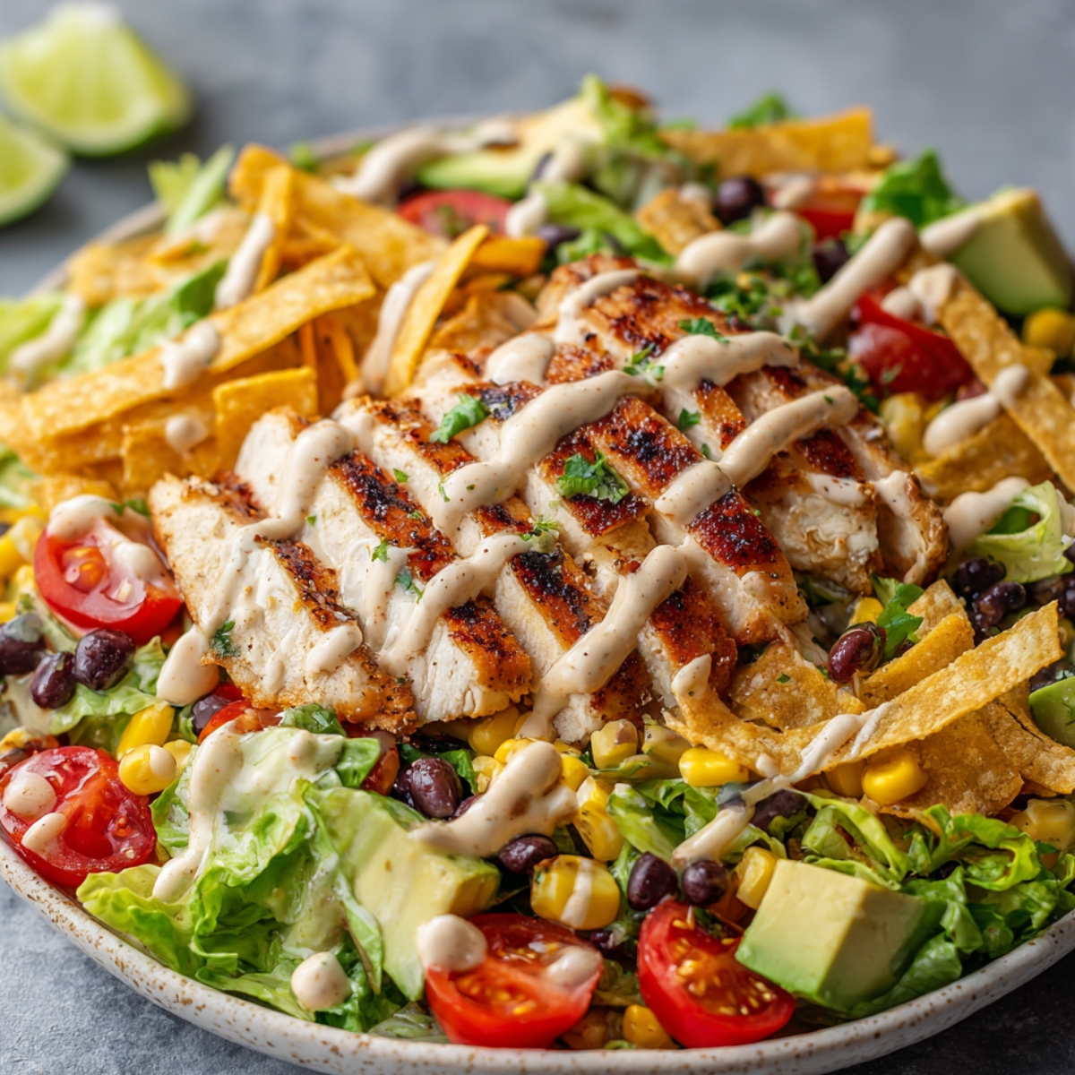 A vibrant Southwest-style Spicy Southwest Salad topped with grilled chicken slices, drizzled with creamy dressing. The salad includes black beans, corn, cherry tomatoes, avocado chunks, romaine lettuce, and crispy tortilla strips, all arranged on a ceramic plate.