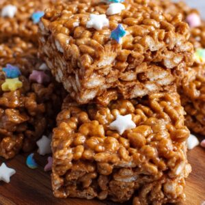 A close-up of a Star Crunch Recipe of Rice Krispies treats, decorated with small star-shaped pastel sprinkles on top, arranged on a wooden tray.