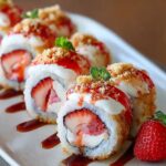 Close-up of Strawberry Shortcake Sushi Roll with cream and crumbs on top, drizzled with syrup and garnished with mint, with a fresh strawberry placed beside the rolls on the plate.