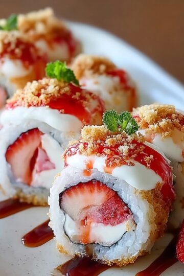 Close-up of Strawberry Shortcake Sushi Roll with cream and crumbs on top, drizzled with syrup and garnished with mint, with a fresh strawberry placed beside the rolls on the plate.