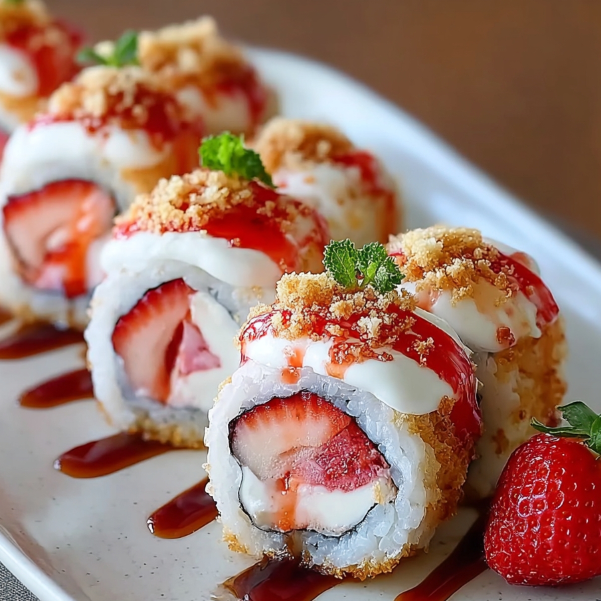 Close-up of Strawberry Shortcake Sushi Roll with cream and crumbs on top, drizzled with syrup and garnished with mint, with a fresh strawberry placed beside the rolls on the plate.