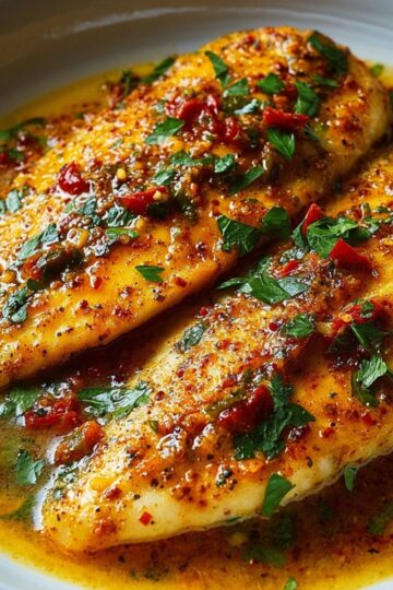 Tilapia Recipe The fish fillets are served with a flavorful salsa topping, consisting of diced tomatoes, onions, cilantro, and a variety of fresh herbs, placed on a plate.