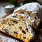 Sliced Stollen Recipe loaf dusted with powdered sugar, showing pieces of dried fruit like raisins and candied orange peel inside.