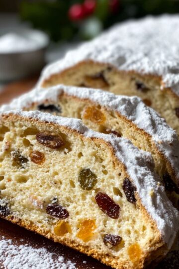 Sliced Stollen Recipe loaf dusted with powdered sugar, showing pieces of dried fruit like raisins and candied orange peel inside.