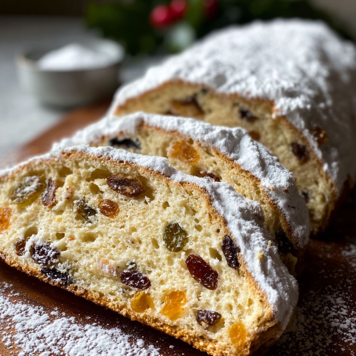 Sliced Stollen Recipe loaf dusted with powdered sugar, showing pieces of dried fruit like raisins and candied orange peel inside.