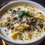 A white bowl of White Lasagna Soup topped with crumbled sausage, herbs, grated cheese, and fresh basil.