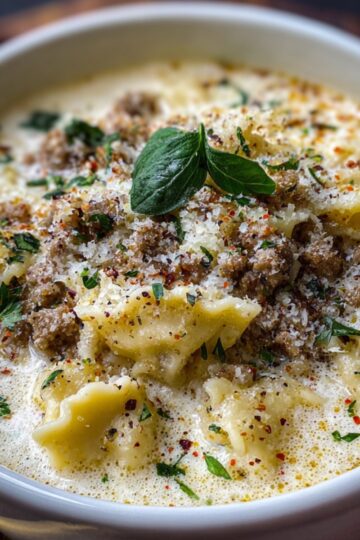 A white bowl of White Lasagna Soup topped with crumbled sausage, herbs, grated cheese, and fresh basil.