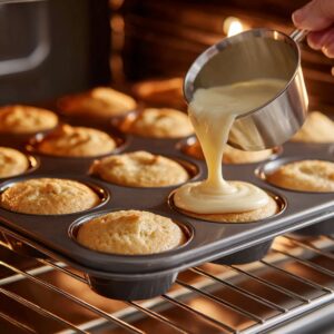 A metal cup pouring creamy batter over golden muffins in a baking tray inside a warm oven.