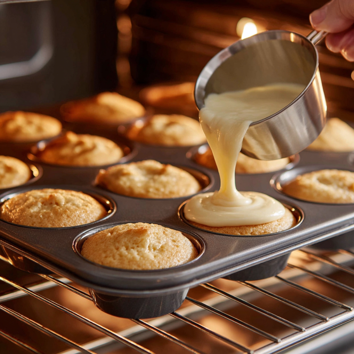 A metal cup pouring creamy batter over golden muffins in a baking tray inside a warm oven.