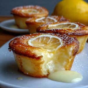 Close-up of lemon custard cakes topped with lemon slices, oozing creamy filling and dusted with powdered sugar on a white plate.