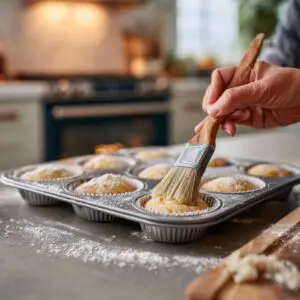 A baker brushing melted butter or glaze onto freshly baked muffins in a metal tray, with flour dusting the countertop in a cozy kitchen.