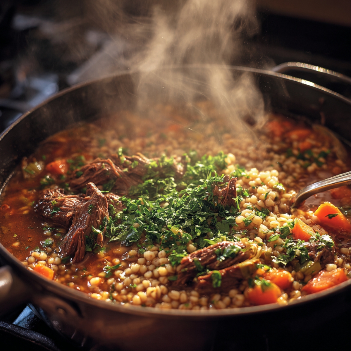 A steaming pot of beef barley soup simmering with tender beef chunks, pearl barley, carrots, and fresh herbs, releasing aromatic steam in warm kitchen lighting.