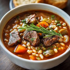 A close-up bowl of beef barley soup garnished with fresh rosemary and parsley, showing tender beef pieces, barley, and vegetables in a rich brown broth.