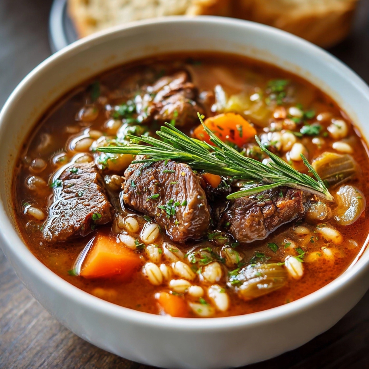 A close-up bowl of beef barley soup garnished with fresh rosemary and parsley, showing tender beef pieces, barley, and vegetables in a rich brown broth.