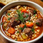 A close-up bowl of beef barley soup garnished with fresh rosemary and parsley, showing tender beef pieces, barley, and vegetables in a rich brown broth.