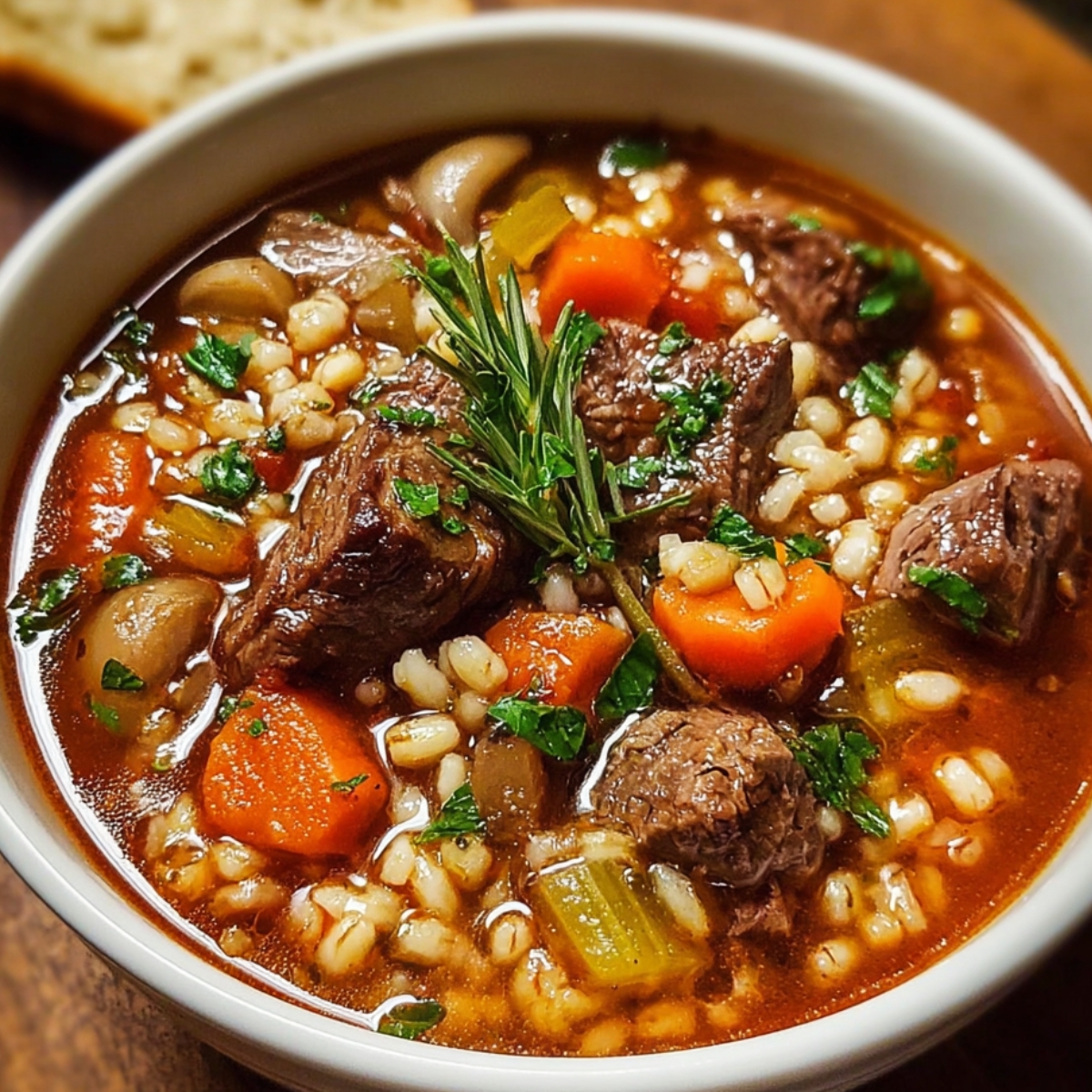 A close-up bowl of beef barley soup garnished with fresh rosemary and parsley, showing tender beef pieces, barley, and vegetables in a rich brown broth.