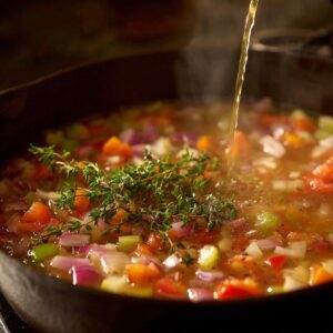 A pot of colorful vegetable broth being poured over chopped carrots, onions, celery, and fresh thyme sprigs, creating a hearty soup base.