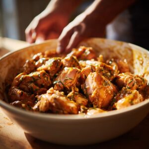 Marinated chicken pieces in a bowl, coated with rich herbs and spices, ready to be cooked under warm kitchen light.