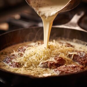 Best Cheesesteak Tortellini Provolone Sauce Recipe 15 Creamy provolone sauce being poured over sizzling steak strips in a skillet topped with melted cheese and herbs.