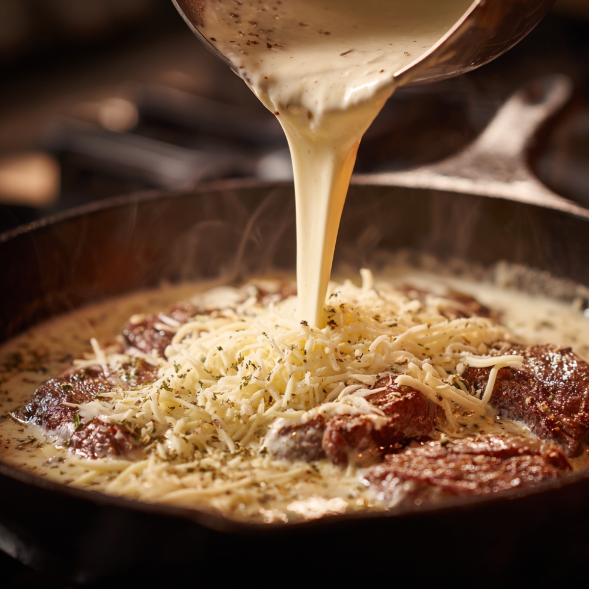 Best Cheesesteak Tortellini Provolone Sauce Recipe 11 Creamy provolone sauce being poured over sizzling steak strips in a skillet topped with melted cheese and herbs.