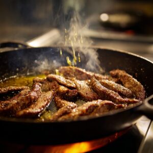 Best Cheesesteak Tortellini Provolone Sauce Recipe 14 Juicy strips of seasoned steak sizzling in a skillet as oil drizzles down, creating a golden sear.