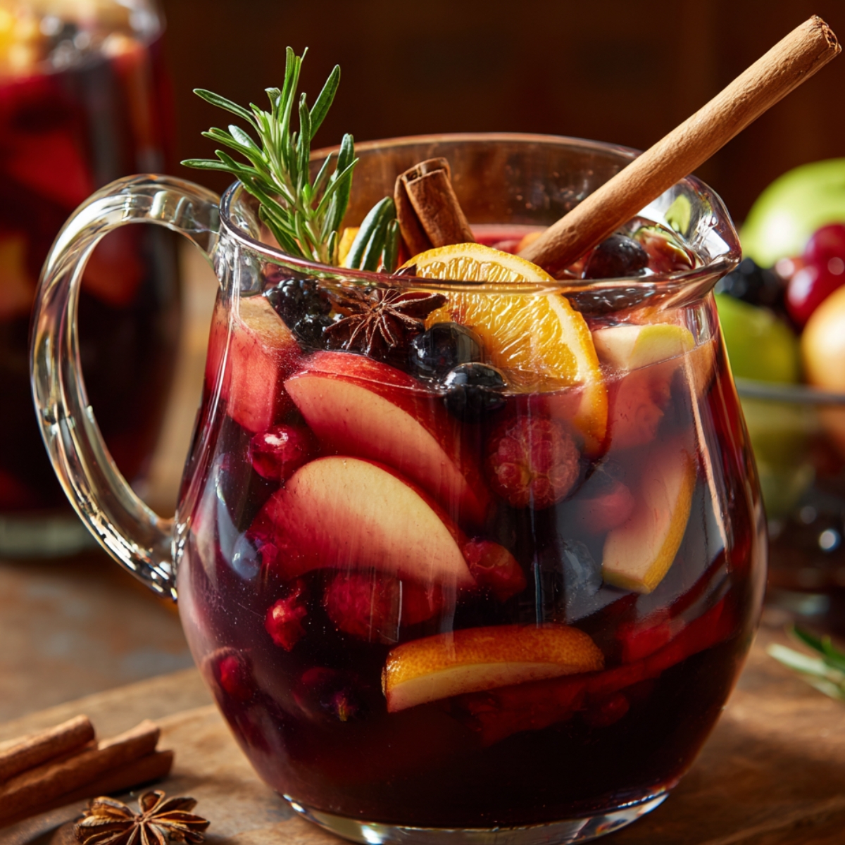 A clear glass pitcher of autumn sangria with floating fruit slices, rosemary, and cinnamon sticks, creating a cozy seasonal vibe.