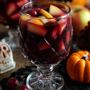 A festive glass of dark red Halloween sangria filled with apple and orange slices, surrounded by pumpkins, grapes, and spooky skull decorations.