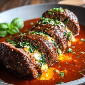 A sliced beef braciole stuffed with spinach and melted cheese, served in a rich tomato sauce, garnished with fresh herbs and basil leaves.