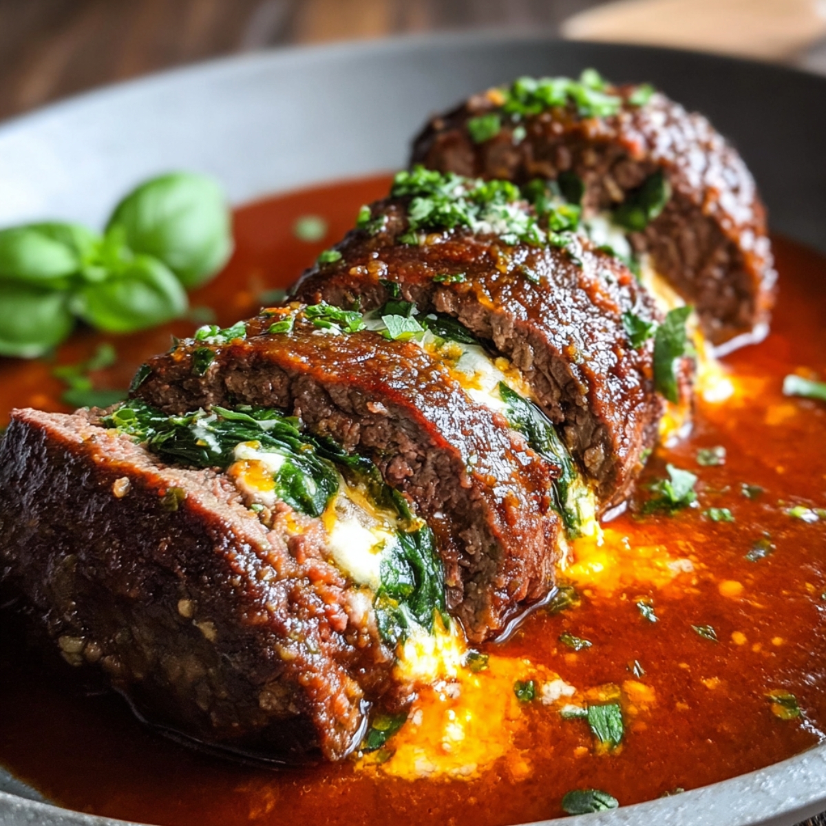 A sliced beef braciole stuffed with spinach and melted cheese, served in a rich tomato sauce, garnished with fresh herbs and basil leaves.