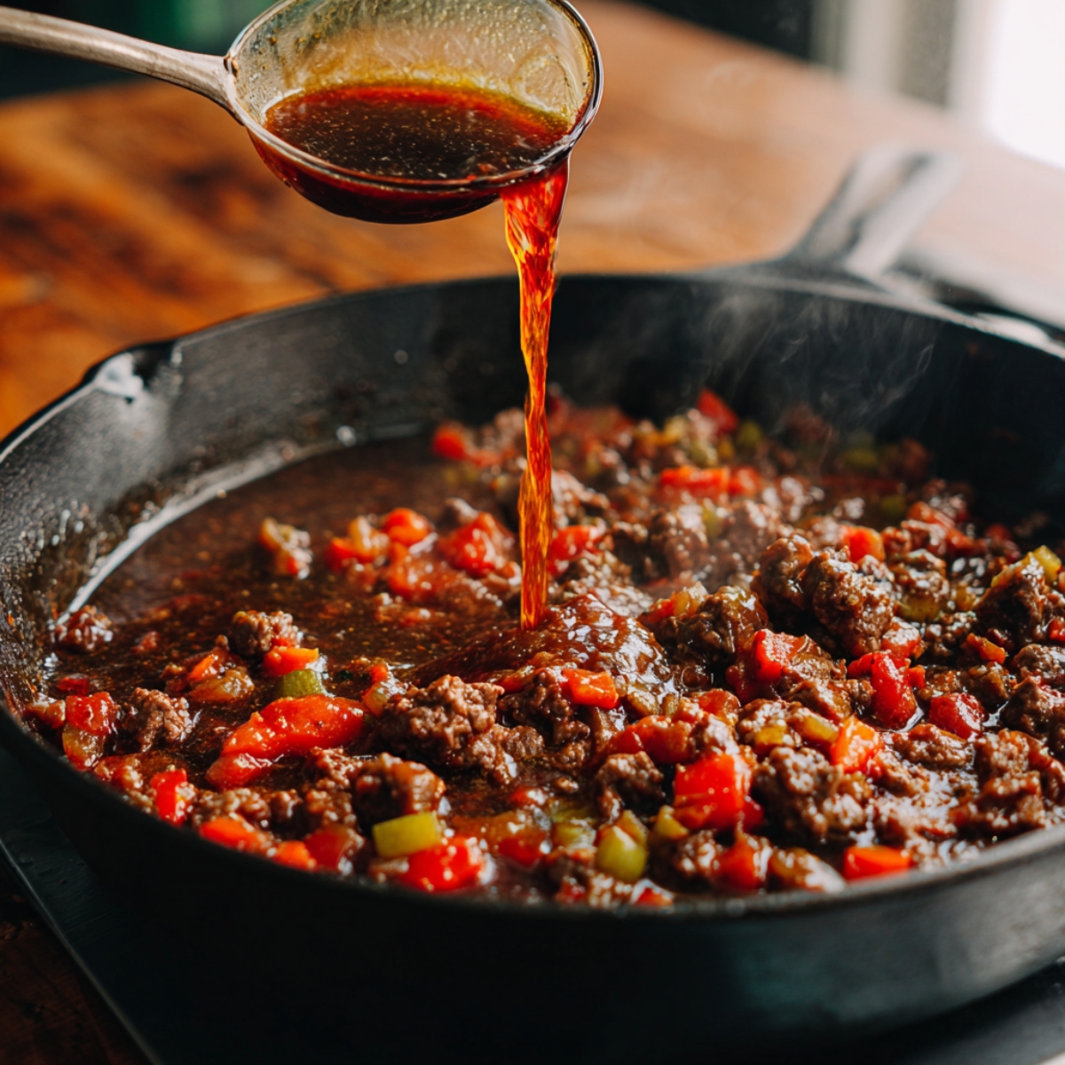 A skillet filled with sizzling ground beef, diced peppers, and tomatoes, with rich sauce being poured in for flavor.