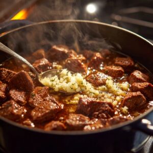 A spoon adding minced onions into a pot of browned beef cubes simmering in rich broth.