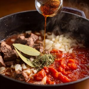 A close-up of beef chunks simmering with diced onions, bay leaves, and tomatoes as paprika oil is poured into the pot.