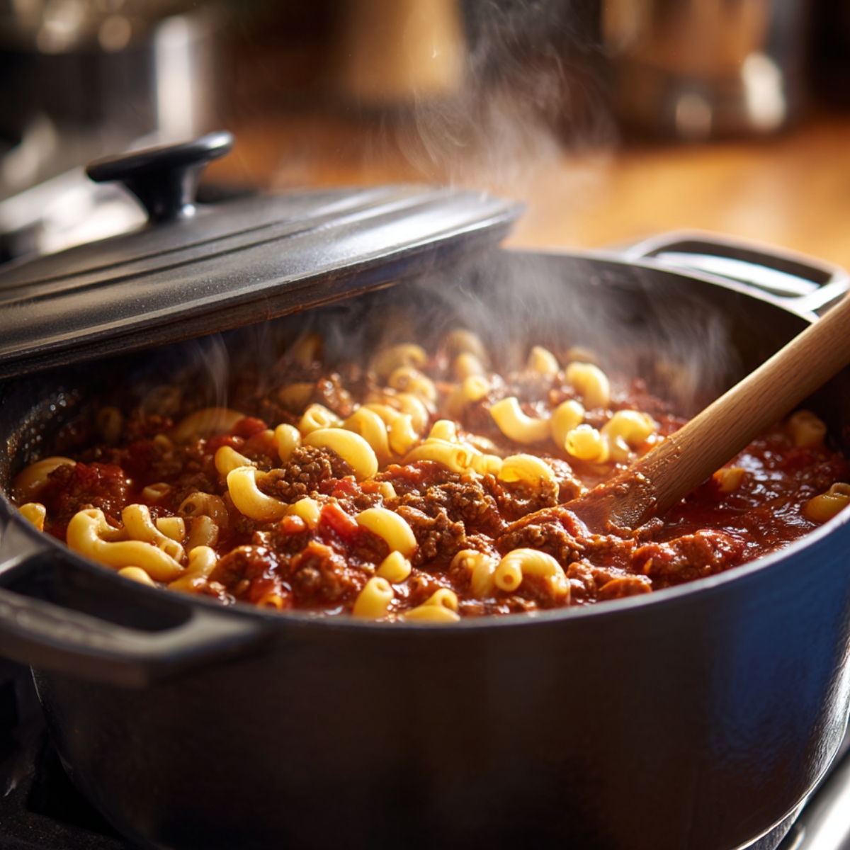 A steaming pot of American goulash cooking in a black Dutch oven, filled with macaroni, ground beef, and tomato sauce being stirred with a wooden spoon.