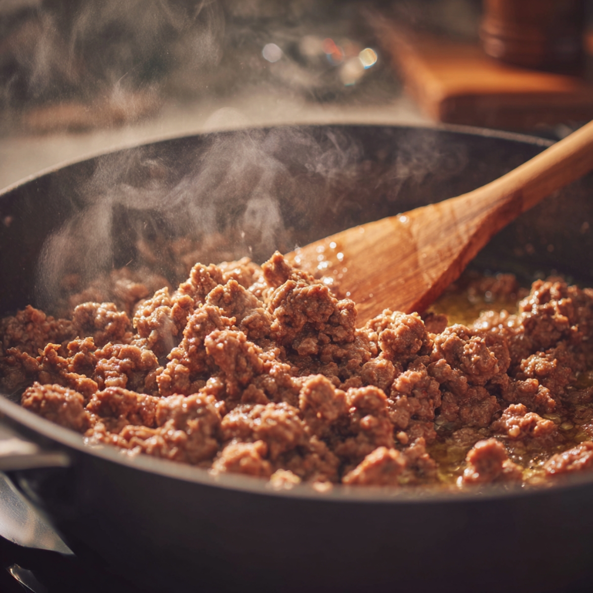 Ground beef being browned in a skillet with a wooden spatula, releasing steam as it cooks.