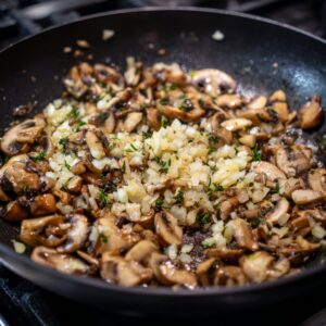 Finely chopped mushrooms and minced shallots are placed on a cutting board, ready to be cooked for the Beef Wellington filling.
