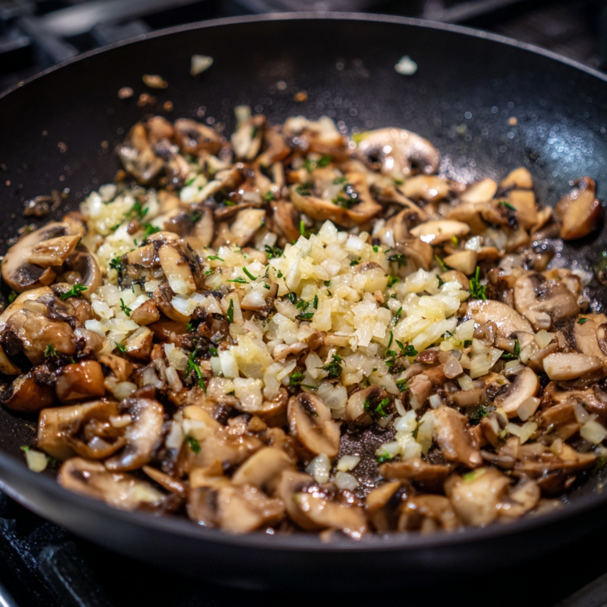 Finely chopped mushrooms and minced shallots are placed on a cutting board, ready to be cooked for the Beef Wellington filling.