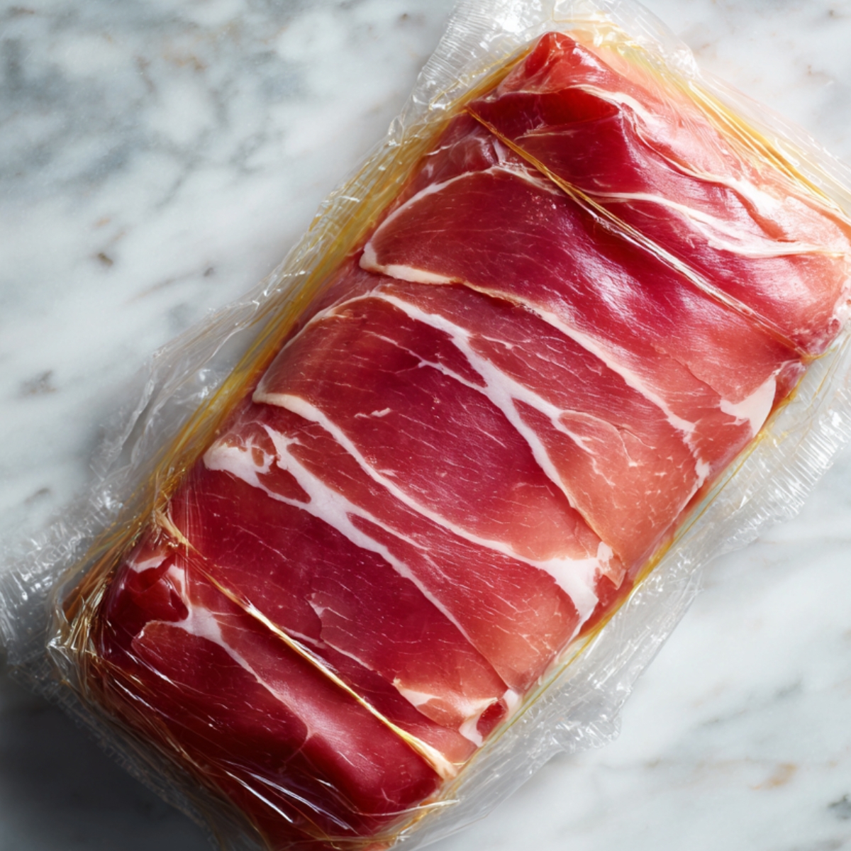 A person lays down plastic wrap on a counter and arranges slices of prosciutto for wrapping around the beef for Beef Wellington.
