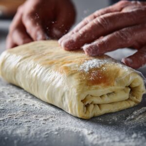 A person rolling out puff pastry on a floured surface, preparing it to wrap around the beef for the Beef Wellington.