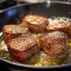 A beef tenderloin is being seasoned with salt and pepper, ready to be seared as part of the Beef Wellington preparation.