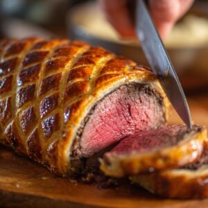 A hand is slicing through a Beef Wellington, revealing the tender beef inside, which is medium-rare, with the puff pastry beautifully golden and crispy.