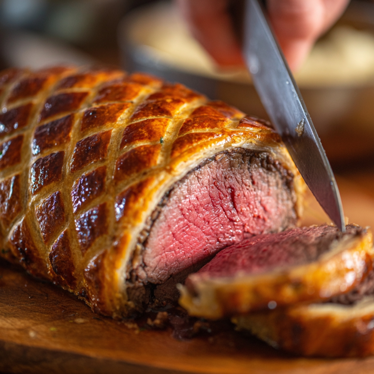 A hand is slicing through a Beef Wellington, revealing the tender beef inside, which is medium-rare, with the puff pastry beautifully golden and crispy.