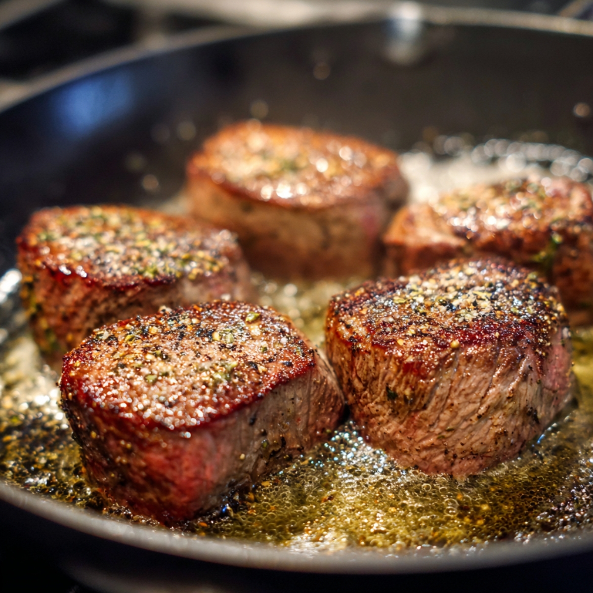 A beef tenderloin is being seasoned with salt and pepper, ready to be seared as part of the Beef Wellington preparation.