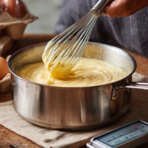 A pastry chef whisking thick, creamy yellow custard in a stainless steel pot surrounded by baking ingredients.