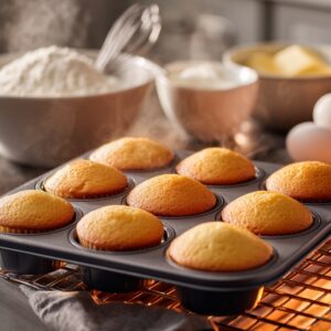 A batch of golden vanilla cupcakes baking in a muffin pan inside an oven, with baking ingredients visible nearby.