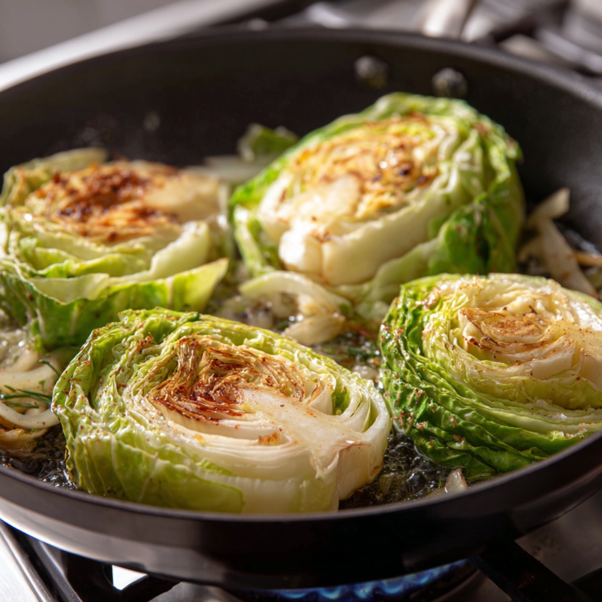 Green cabbage wedges searing in a skillet with onions until golden brown.
