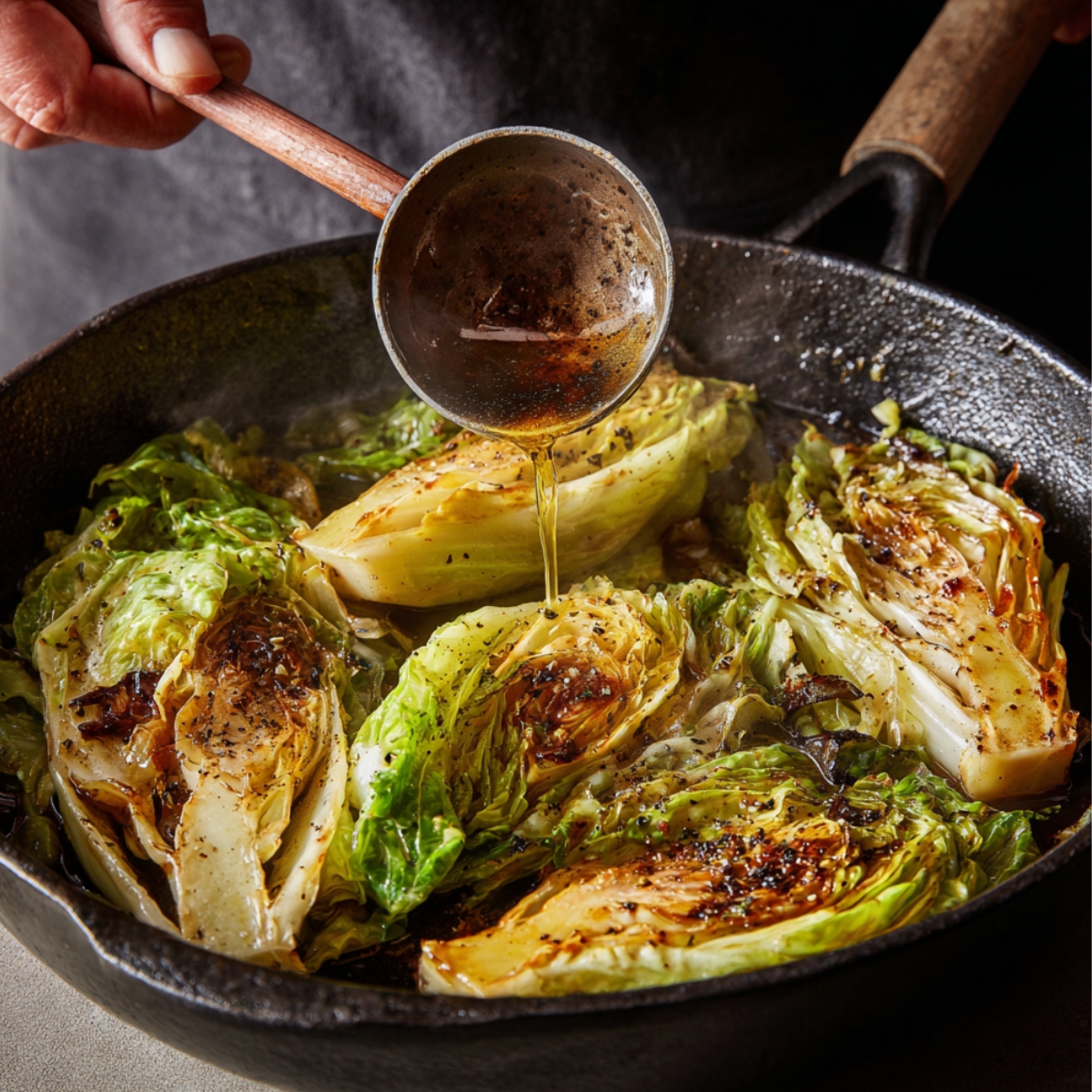 Cabbage wedges in a skillet being braised, while broth is ladled over the top for flavor.