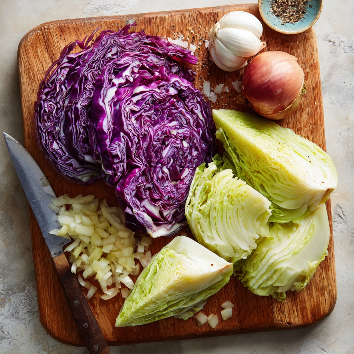Chopping board with sliced red cabbage, green cabbage wedges, diced onions, garlic cloves, and a whole onion.