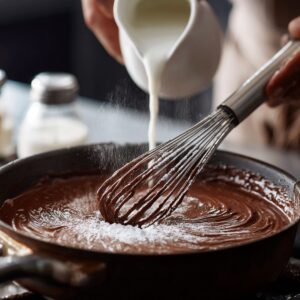 Pouring milk into a saucepan while whisking smooth chocolate frosting mixture on a stovetop.