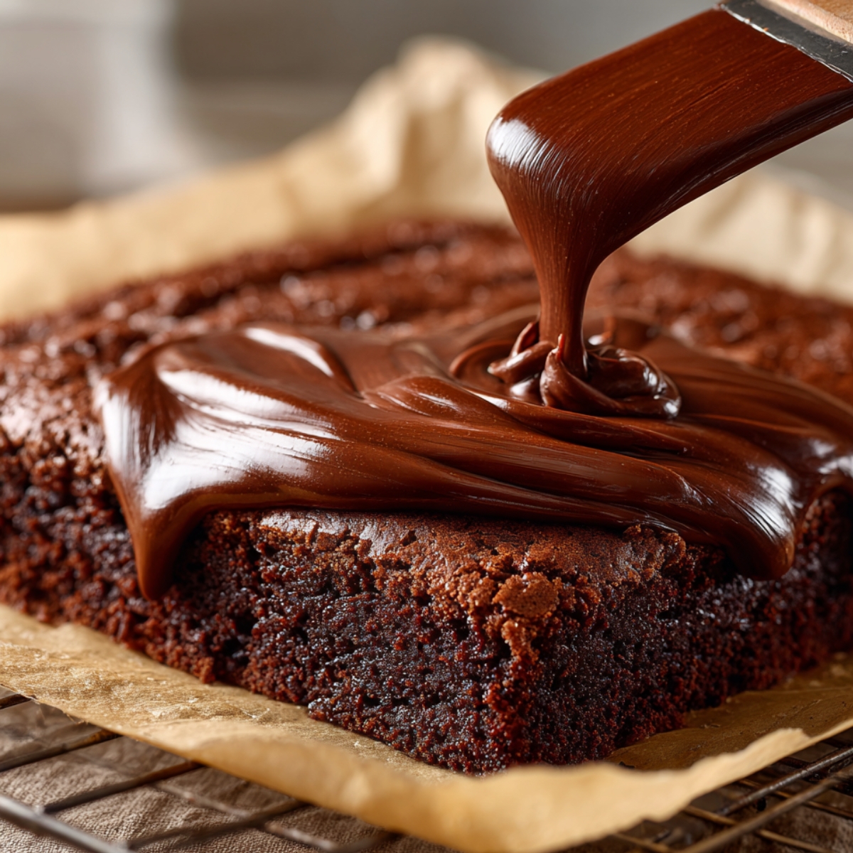 Rich chocolate frosting being spread over a freshly baked brownie slab on parchment paper with a spatula